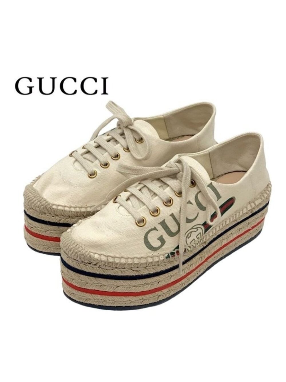 Gucci Sneakers Shoes Canvas Ivory Red Blue Logo Espadrilles Platform - Picture 1 of 10